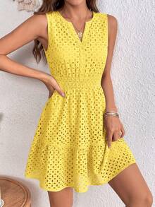 Women's Summer Dress Sleeveless V Neck Eyelet Cutout Swinging A-Line Flowy City Walks Wedding Guest Graduation Beach Vacation Sun Dress Yellow Dresses For Women - Màu vàng - Xem 4