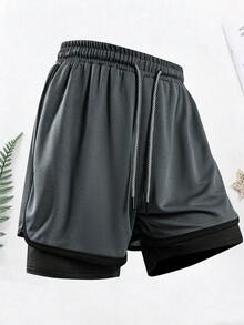 1 chiếc quần short thể thao nam 2 trong 1 mùa hè, chất liệu vải lưới, quần short chạy bộ, thích hợp cho tập luyện tại phòng gym và chạy bộ ngoài trời. - Màu xám đen - Xem 9