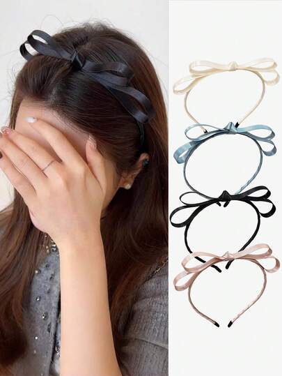 4 件套甜美缎面蝴蝶结细发箍，优雅芭蕾舞风格发圈，适合日常和派对佩戴