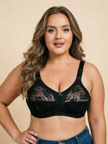 1 pieza Sujetador inalámbrico ultra fino de encaje para mujer, estilo minimalista sexy y transpirable, talla grande para dormir, usar en casa, oficina y exteriores - Negro - Ver 28