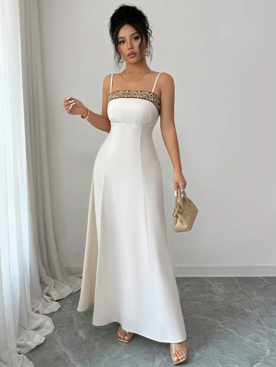 Lili House 女士浅杏色露背缎面吊带金色刺绣褶皱腰连衣裙，优雅性感百搭，适合春夏婚礼宾客、宴会、度假、新娘派对等场合。 - 杏色 - 查看 1