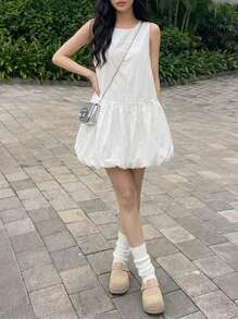 Rikumo Casual Loose Mini Camisole Dress, Elegant Unique Korean Style White Sleeveless Round Neck Retro Party Short Dress, Cute Graduation Season Outing Dress A-Line Minimalist Solid Color Fashion New Holiday Women's Mid-Length Dress Round Neck Dress Bohemian Style Dress Summer - White - View 1