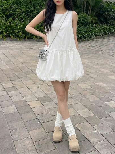 Rikumo 休闲宽松迷你吊带连衣裙，优雅独特的韩版白色无袖圆领复古派对短裙，可爱毕业季外出连衣裙，A字简约纯色时尚新款假日女式中长连衣裙，圆领波西米亚风夏季连衣裙