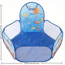 Ocean Theme Kids Ball Pit With Basketball Hoop, Foldable Toddler Playpen, Portable Indoor Outdoor Play Tent, Blue Sea Animal Ball Pit For Boys Girls, Perfect Birthday Gift (Balls Not Included) - 藍色 - 查看 1