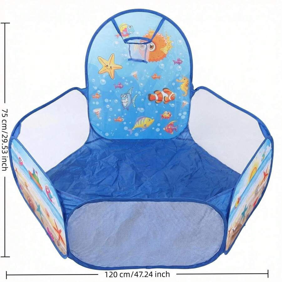 Ocean Theme Kids Ball Pit With Basketball Hoop, Foldable Toddler Playpen, Portable Indoor Outdoor Play Tent, Blue Sea Animal Ball Pit For Boys Girls, Perfect Birthday Gift (Balls Not Included) - 藍色 - 查看 1