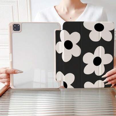 1 pieza Funda protectora de acrílico transparente de alta calidad con estampado de flor abstracta en blanco y negro, soporte magnético de varios ángulos con función de suspensión/activación automática, compatible con iPad PRO/AIR, , Pad 5/6/28