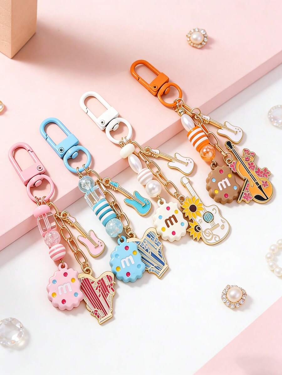 1 pieza Galleta con cuentas, Llavero con forma de guitarra, Llavero con forma de violín y arpa, Colgante para bolso - Multicolor - Ver 1