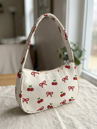 Cherry Heart Handpainted Underarm Bag, Retro Corduroy Shoulder Bag, French Niche Sweet Girl Commuter Versatile Baguette Handbag, Retro Style, Daily Commute, Dating, Shopping, Traveling, Stylish And Practical