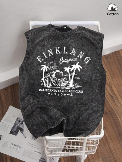 Áo tank top nam cỡ lớn mùa hè, kiểu dáng thường ngày, in hình cây cọ, chất liệu hơi co giãn, giặt mài nhẹ, thích hợp mặc hàng ngày.