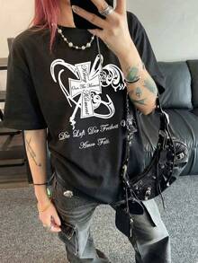 2026夏季新款圆领休闲宽松朋克风印花图案T恤，街头时尚学生日常通勤男女通用短袖T恤 - 黑色 - 查看 3