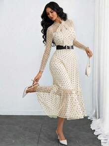 Women's Elegant, Sexy, Romantic, Retro Polka Dot Double-Layer Bow Dress, Suitable For Commuting, Dating And Vacation Black Spring - 杏 - 查看 13