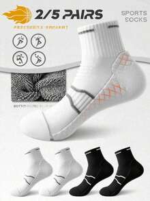 2/5 Pairs Women's Black & White Contrast Color Comfortable Cushioned Massage Waistband Non-Slip Elastic Short Socks, Unisex, Fashionable Sports Style, Suitable For Sports, Basketball Training, Indoor Wear, Holiday Gift - Multicolor - View 1