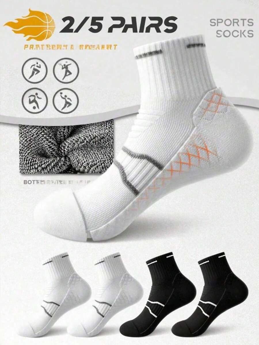 2/5 Pairs Women's Black & White Contrast Color Comfortable Cushioned Massage Waistband Non-Slip Elastic Short Socks, Unisex, Fashionable Sports Style, Suitable For Sports, Basketball Training, Indoor Wear, Holiday Gift - Multicolor - View 1