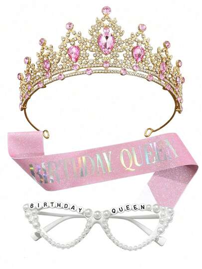 3 piezas Accesorios de Cumpleaños de Niña - Cinturón de Cumpleaños Rosa, de Princesa, Cinturón con Brillo, Gafas Divertidas, Adecuado para Decoración de Fiesta de Cumpleaños de Niña