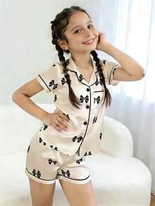 2 piezas Conjunto de pijama de pantalón corto y manga corta con lazo blanco para niña preadolescente - Multicolor - Ver 5