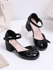 1 Pair Spring/Summer New Children's Bowknot Semi-High Heel Princess Shoes, Please Purchase Based On Insole Length, Buy One Size Larger For Large/Wide Feet - Black - View 15