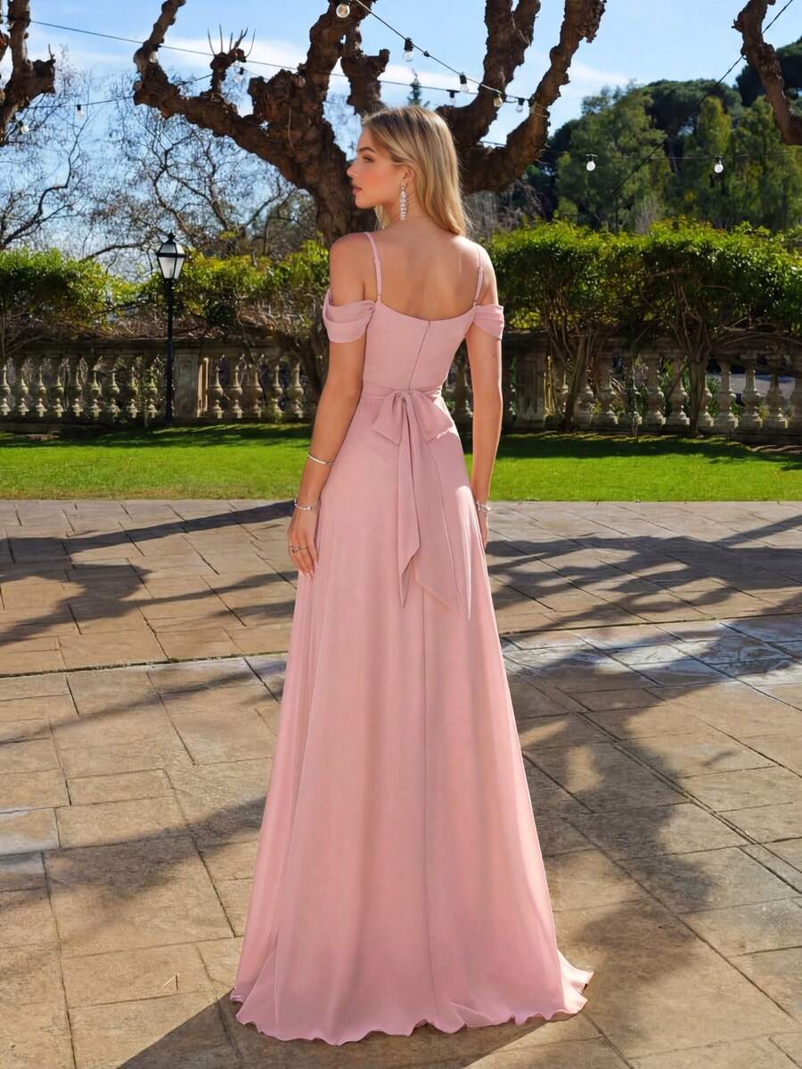 UNITHORSE Women's Elegant Spaghetti Strap Chiffon Backless Belted High Slit Dress, Formal Gown For Parties, Weddings - Baby Pink - View 1