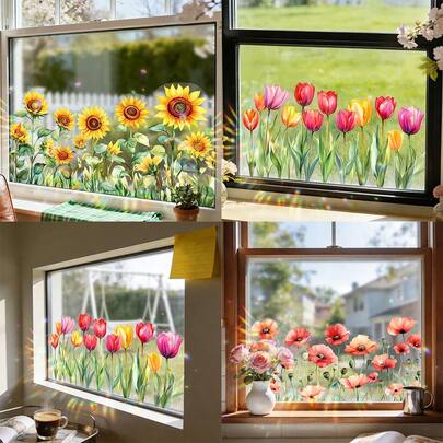 1/3片郁金香阳光捕捉器窗膜，向日葵彩虹棱镜效果静电吸附玻璃贴纸，无胶可移除PVC贴纸，适用于家居客厅推拉门装饰