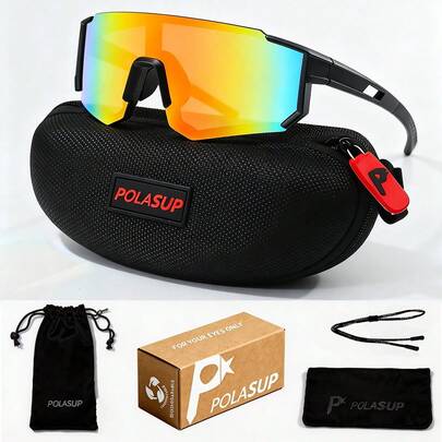  1副POLASUP运动眼镜，男女通用，一体式镜片，大几何镂空镜框，防风，适合骑行、户外运动、徒步旅行（礼盒套装包含EVA眼镜盒、清洁布、眼镜带）