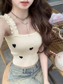 Cute & Sexy Girl Ribbed Knit Camisole, Sleeveless Design With Heart Embroidery, Suitable For Spring/Summer Layering Or Outerwear - Milky White - View 1