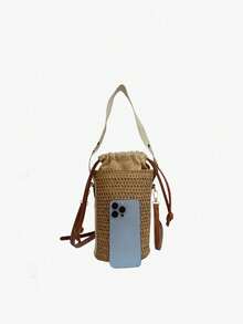 Vintage Woven Bucket Bag For Women, Hollow Straw Crossbody Bag With Drawstring Closure, Casual Summer Shoulder Bag With Leather Strap, Bohemian Style Tote Bag, Breathable & Lightweight, Suitable For Beach, Travel, Daily Commute, Versatile Holiday Style, Showcasing A Relaxed And Casual Vibe, Essential Fashion Item For Spring/Summer - 卡其色 - 查看 4