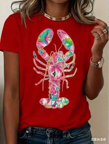 Women's Lobster Pattern T-Shirt - Soft Pink And Turquoise Coastal Print, Loose Fit, Short Sleeves, Round Neck, Lightweight And Breathable Summer Beach Party Top, Vibrant Lobster Design, Women's Casual Everyday Shirt, Machine Washable,  Gift Choice (New Stylish T-Shirt) - 紅色 - 查看 3