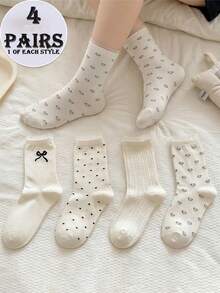 4双装女士乳白色可爱图案网眼蕾丝柔软透气休闲中筒袜，适合约会、送礼、日常穿着 - 彩色 - 查看 2