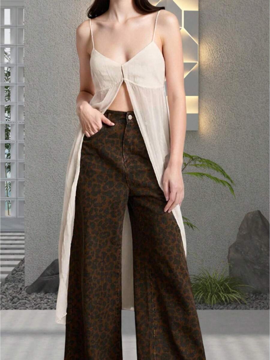 Womens 2026 Split Front Long Camisole Solid Color V Neck Spaghetti Strap Backless Shirts Streetwear - trắng - Xem 1