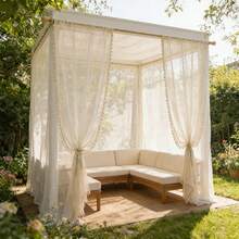 1pc Outdoor Solid Color Sheer Curtain, Boho Lace Trim Flowing Window Sheer, Translucent Privacy Curtain For Outdoor Porch, Hotel, Swimming Pool, Garden Corridor, Bedroom Balcony, Living Room Decor - 1PC - View 6