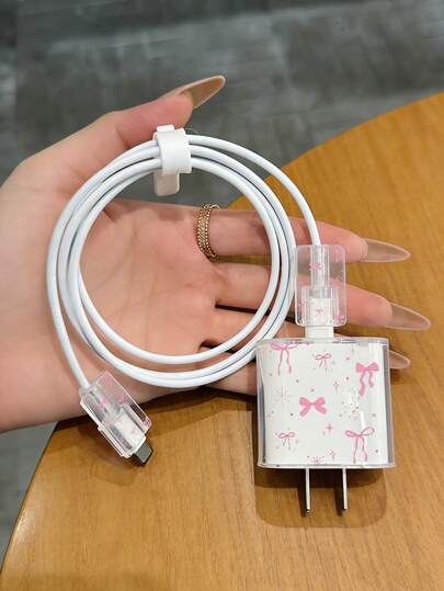 Bộ 4 ốp bảo vệ sạc điện thoại hình nơ hồng và ngôi sao, phù hợp với sạc nhanh 20W của , tương thích với iPhone 17/16/15/14/13/12 Pro Max.