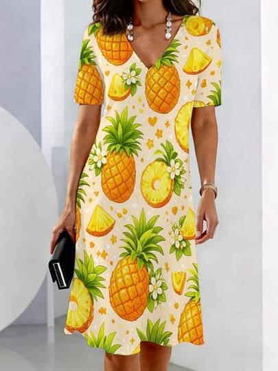 Summer Dress Pineapple Print Floral Pattern For Beach Party And Vacation