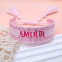 1 pieza Brazalete vintage hecho a mano con bordado francés "AMOUR" y trenzado creativo, adecuado para parejas, regalo para ocasiones especiales - Rosa Pálido - Ver 7