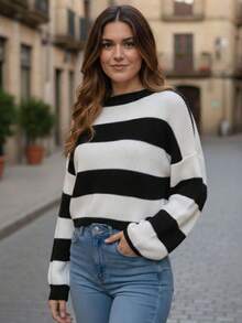 Women's Striped Knit Blouse With Long Sleeves And Round Neck - Versatile Winter - 裸體 - 查看 6