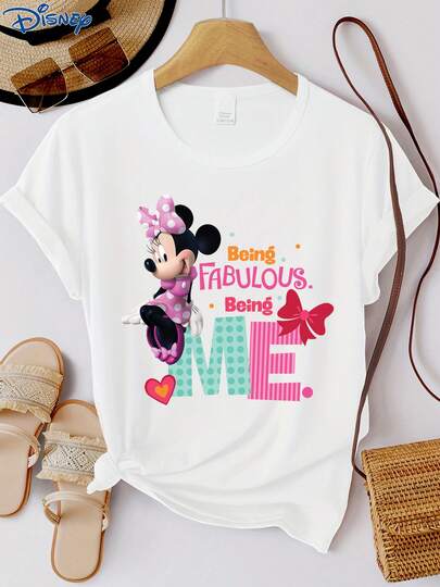 Disney 1 chiếc áo thun ngắn tay nữ, in họa tiết, cổ tròn, chất liệu co giãn nhẹ, dễ bảo quản, phù hợp mặc hàng ngày, áo thun ngắn tay thời trang nữ, trang phục thường ngày.