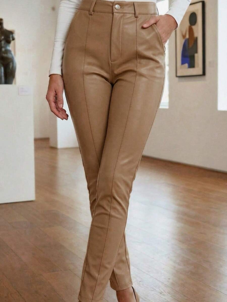 POP WEAR REF PK0912 LEATHER PANTS WITH A CENTRAL LINE DESIGN THAT SLIMS THE SILHOUETTE - Brown - View 1