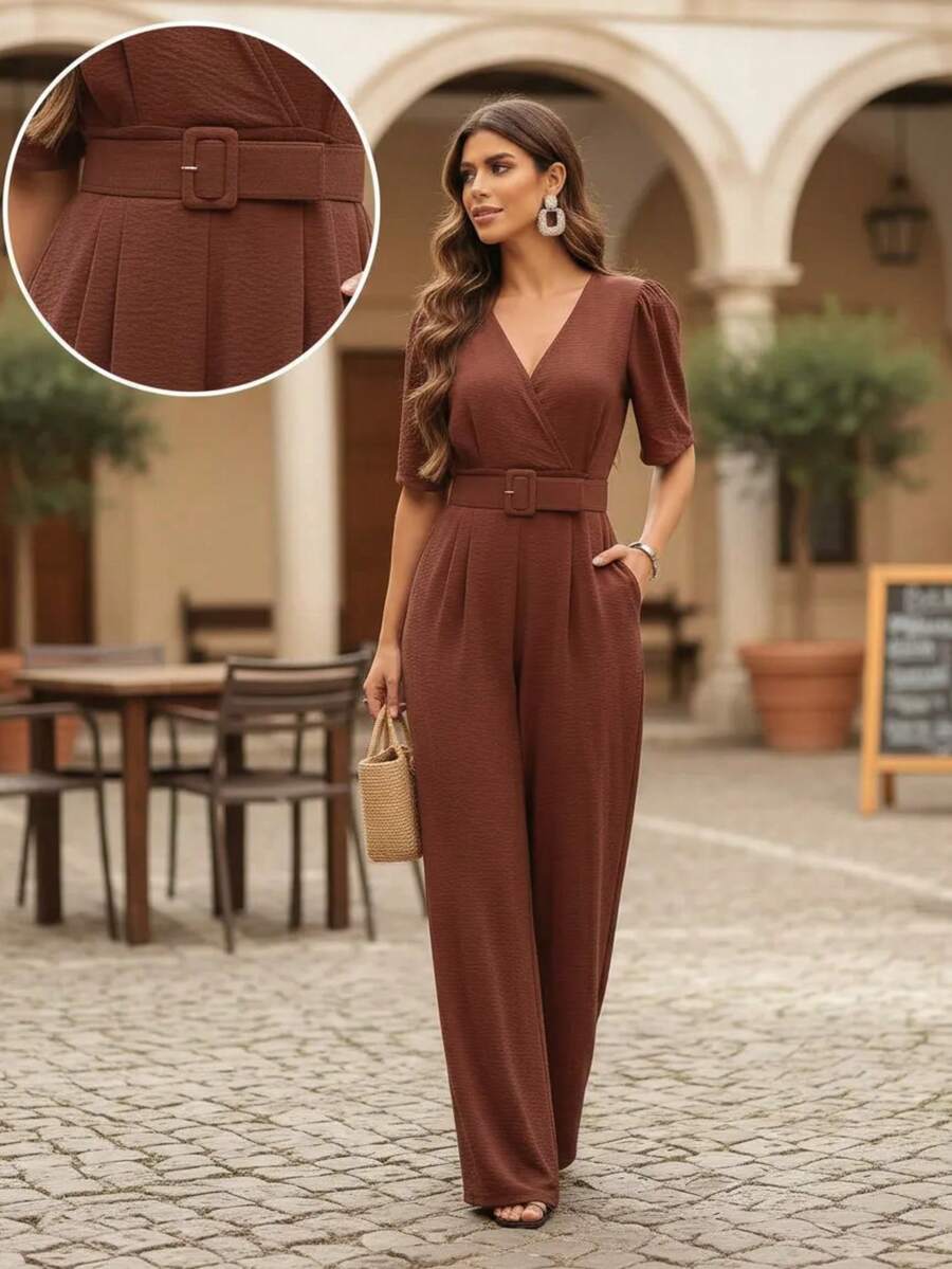3/4 Length Pantaloon Jumpsuit With Belt For Birthday Party - 鏽棕色 - 查看 1
