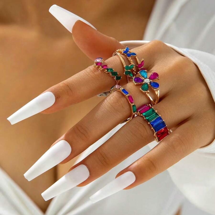 Bộ 5 chiếc nhẫn sang trọng bằng hợp kim đính đá hình hoa, bướm, hình học, thích hợp làm quà tặng dự tiệc cho nữ. - Nhiều màu - Xem 1