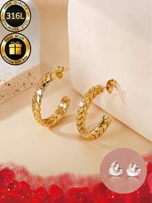 Two Pieces Set Of Simple C-Shaped Golden Wheat Ear Earrings+Thoughtful Ear Protection And Ear Care Needles, Suitable For Wearing New Ear Holes And Various Occasions And Festivals Such As Parties, Anniversaries, Birthdays, Etc., Equipped With High-Quality And Exquisite Gift Boxes - Gold - View 4