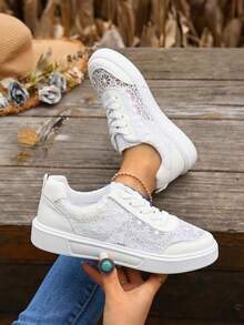 2026春季新款系带透气平底休闲鞋，系带镂空网面运动鞋，百搭舒适的女鞋 - 白色 - 查看 3