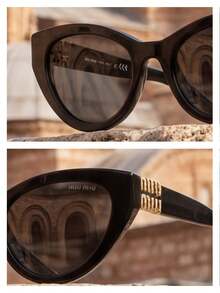 Miu Miu 黑色椭圆形镜框金色Logo防紫外线时尚女士太阳镜，夏季海滩风 - 黑色 - 查看 6