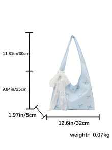 Túi tote vải bố thêu nơ xinh xắn, túi đeo vai dung tích lớn, lý tưởng cho học sinh và đi làm. - Màu xanh lam - Xem 3