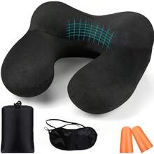Ergonomic Inflatable Travel Pillow With Earplugs, Soft Velvet Neck Support, Machine Washable, All-Season, Space-Themed, Casual Style, Snap Closure, Foam Filling, PVC Cover, For Airplane, Car, Office, Camping - Multi Position Sleeper Rest Pillow - Multicolor - View 2