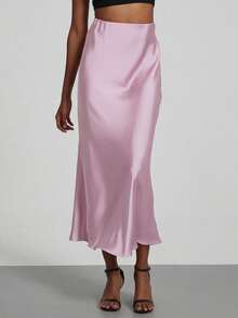 Falda elástica de cintura con sensación de satén, de moda para mujer, todo el año - Salmón rosa primavera - Polvo de begonia - Ver 5