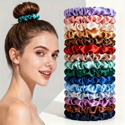 19 chiếc dây buộc tóc bằng satin màu trơn ngẫu nhiên dành cho nữ, dây buộc tóc co giãn đa năng, phù hợp sử dụng hàng ngày.