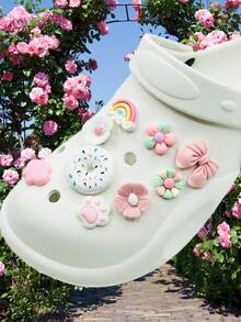 9 Pièces/ensemble De Charms Mignons Pour Chaussures En Résine Arc-en-ciel Donut, Fleur, Patte Rose Et Blanche Pour Sandales, Chaussures - Multicolore - Voir 1