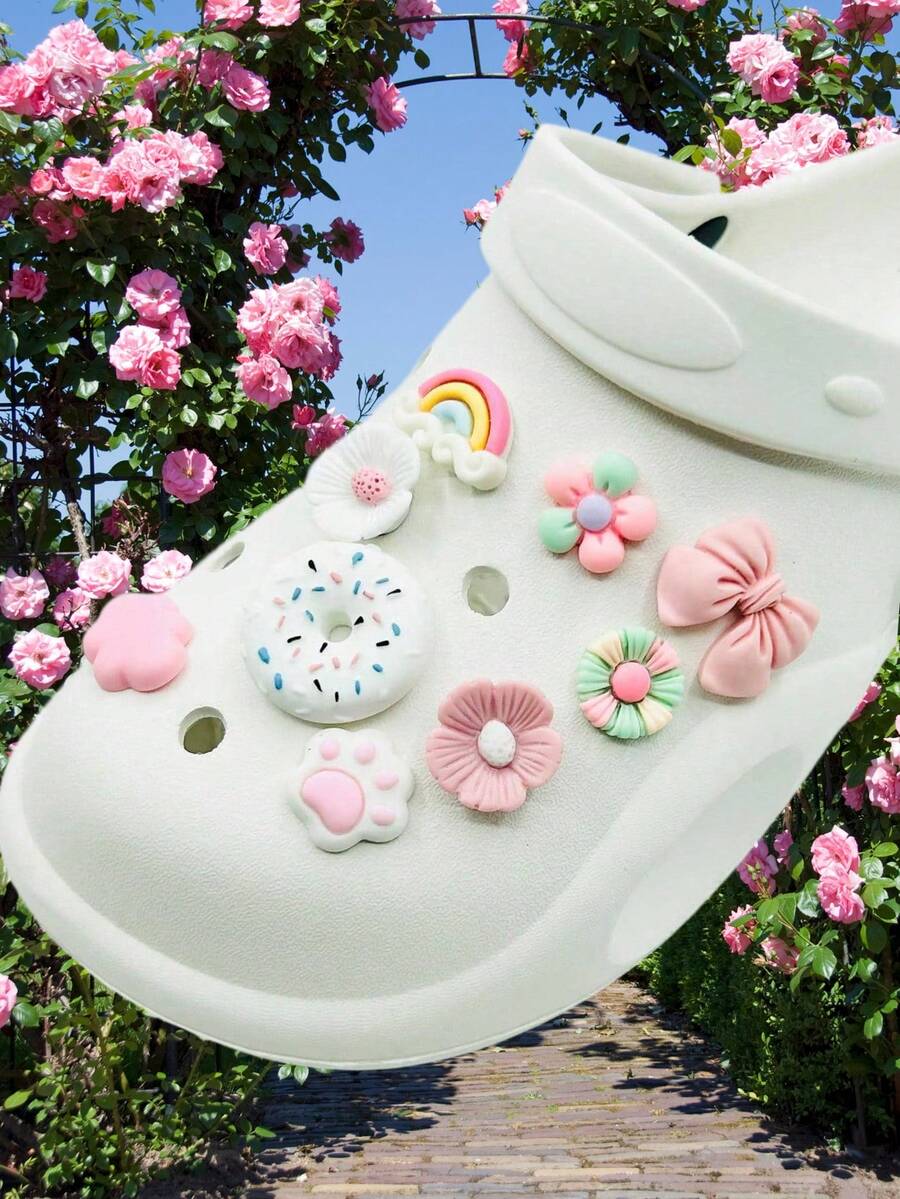 9 Pièces/ensemble De Charms Mignons Pour Chaussures En Résine Arc-en-ciel Donut, Fleur, Patte Rose Et Blanche Pour Sandales, Chaussures - Multicolore - Voir 1