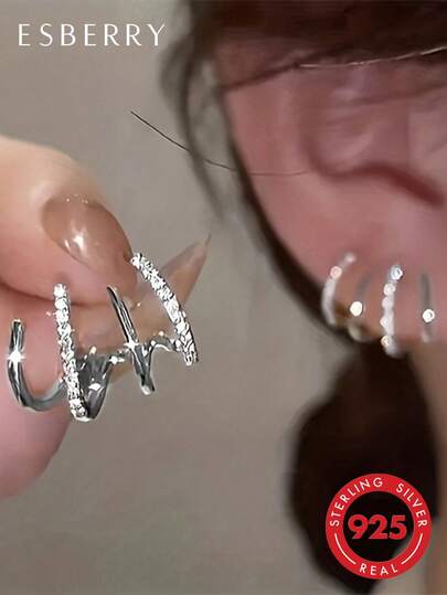 ESBERRY 1 Pair Fashionable S925 Sterling Silver Cubic Zirconia Crown Stud Earrings, Exquisite Jewelry, Gift For Women