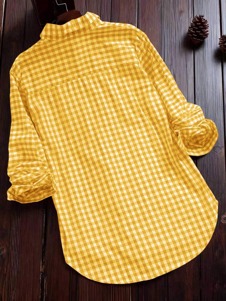 Camisa Casual Vintage de Manga Longa 100% Algodão Xadrez para Mulheres, Primavera/Verão - Amarelo - Visão 4