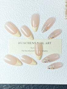 10pcs Handmade Nude Pink & Cream Yellow French Glitter Rhinestone Nail Stickers Set (XS/S/M/L): Nude Pink Base With Cream Yellow French Tips, Accented With Silver Glitter And Colorful Rhinestones, Delicate And Shimmery Texture, Suitable For Daily Commute And Semi-Formal Occasions, Reusable Press On Nails - Champagne - View 7