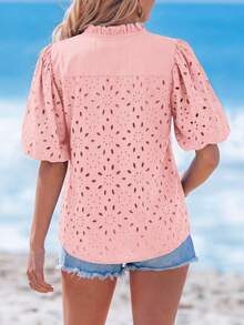 PRETTYGARDEN Women's Summer Clothes Tops Fashion Casual Short Sleeve V Neck Buttons Hollow Eyelet Lace Embroidered Blouses Shirts Festival  Beach Vacation - 粉色 - 查看 2